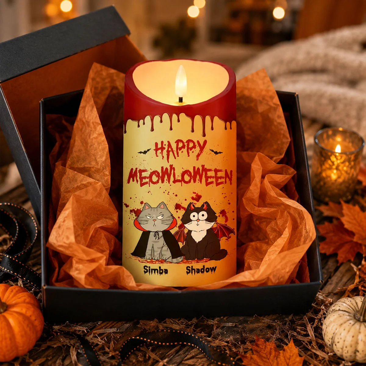 🐱🎃 Cat Mom Happy Meowloween Blood Drip Personalized LED Candle 🩸🕯️