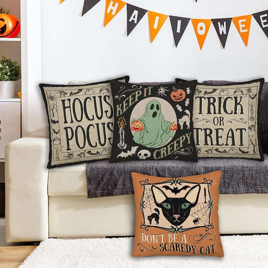 Scary Halloween Cat Throw Pillow Cover, Cushion Case, Spooky Cat Decor, Gothic Fall Home Accent, Halloween Decoration