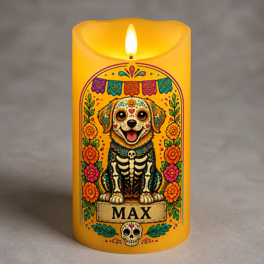 🎃Custom Día de los Muertos Pet Portrait LED Candle, Personalized Pet Flameless Candle, Day of the Dead Decor Gift for Dog & Cat Lovers