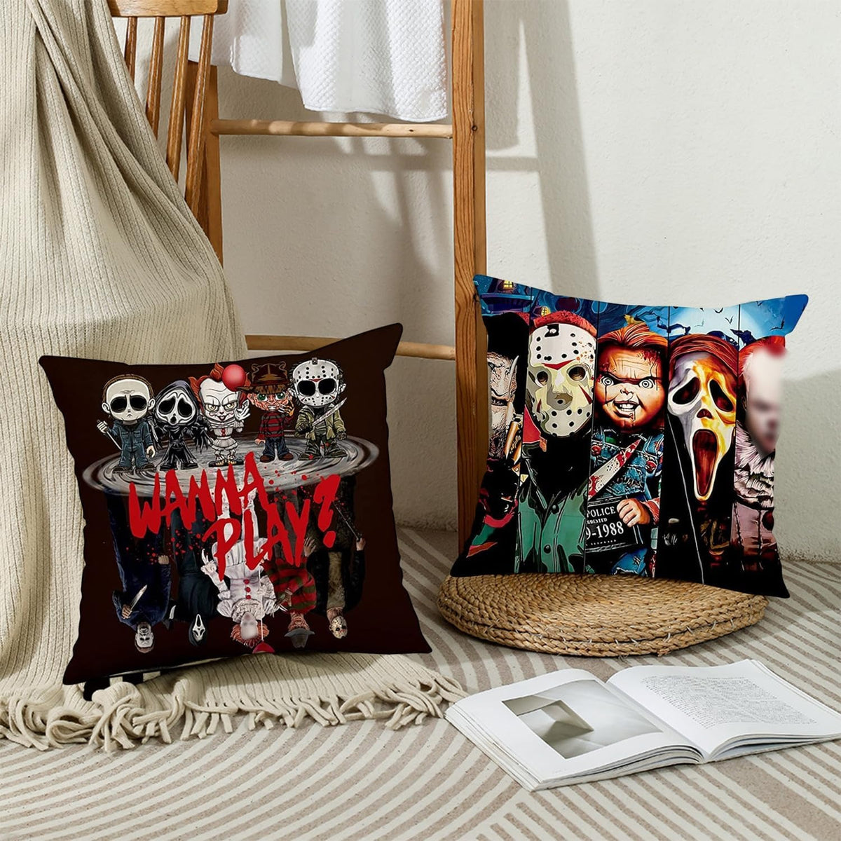 Halloween Horror Movie Pillow Cover, Funny Spooky Character Cushion Case, Holiday Home Decor, Sofa Couch Bed & Living Room Decoration, Halloween Gift
