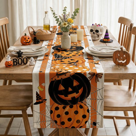 Polka Dot Orange Pumpkin Witch Hat Spider Web Ghost Bat Halloween Table Runner