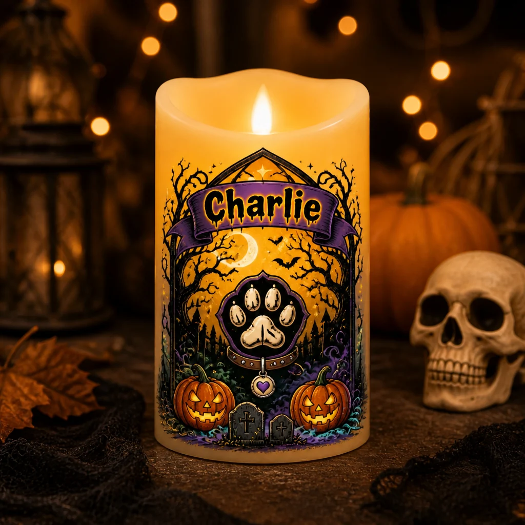 Spooky Pet Name Halloween LED Flameless Candle, Personalized Custom Pet Candle, Halloween Decor Gift for Dog & Cat Lovers