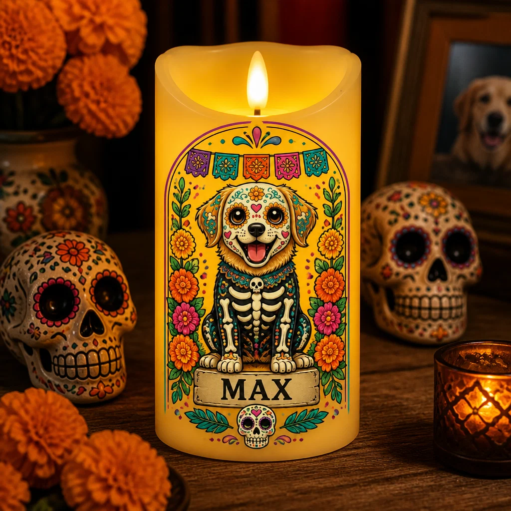 🎃Custom Día de los Muertos Pet Portrait LED Candle, Personalized Pet Flameless Candle, Day of the Dead Decor Gift for Dog & Cat Lovers