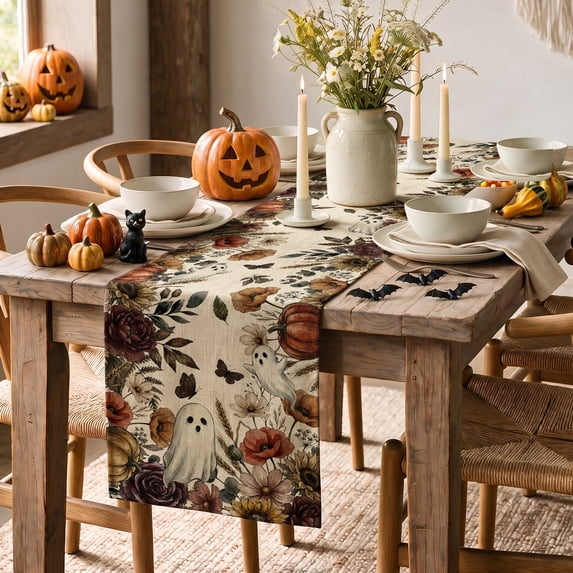 Jack-O'-Lantern Ghost Floral Halloween Table Runner, Halloween Party Kitchen Dining Indoor Outdoor Decorations