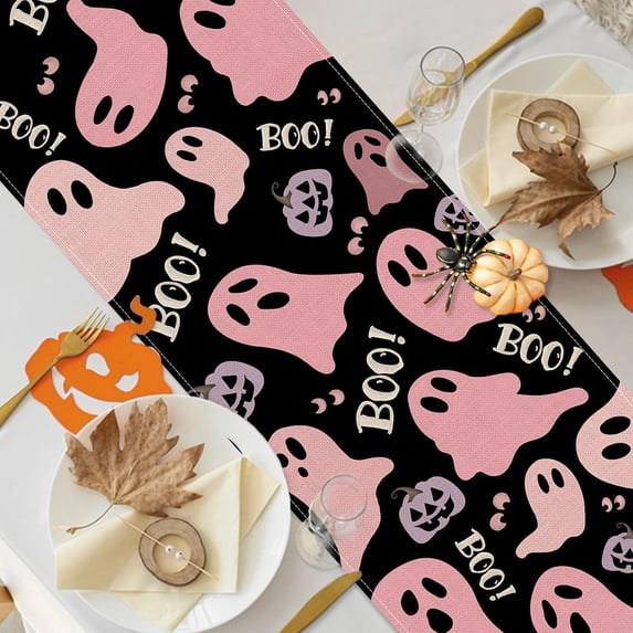 Halloween Cute Ghost Boo Dining Table Runner, Pink Spooky Bat Burlap Kitchen Decoration, Funny Pastel Indoor Outdoor Home Decor Party Supply