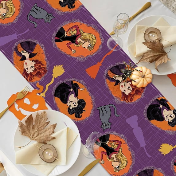 Halloween Witches Black Cat Dining Table Runner, Funny Hocus Pocus Kitty Broom Burlap Kitchen Decoration, Indoor Outdoor Home Decor Party Supply