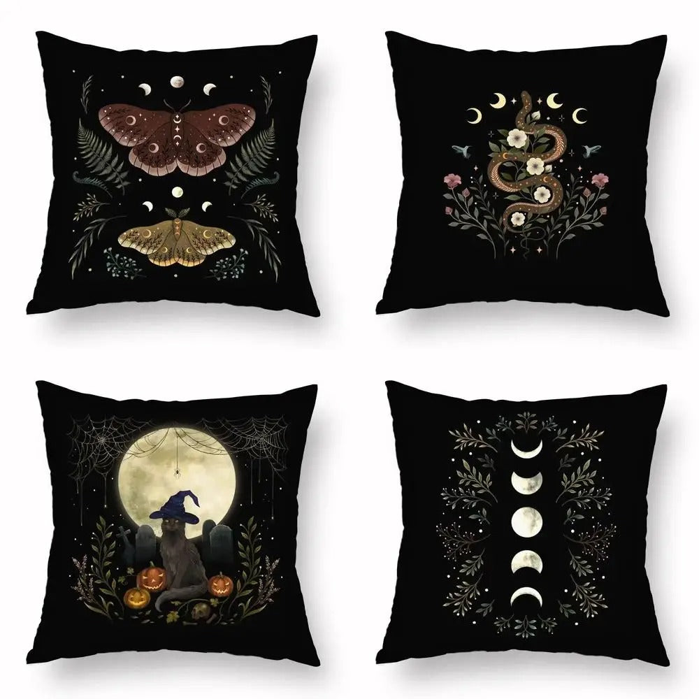 Halloween Moon & Witch Pillow Cover, Spooky Witchy Throw Pillow Case, Gothic Fall Home Decor, Decorative Cushion Cover for Sofa, Bedroom & Car