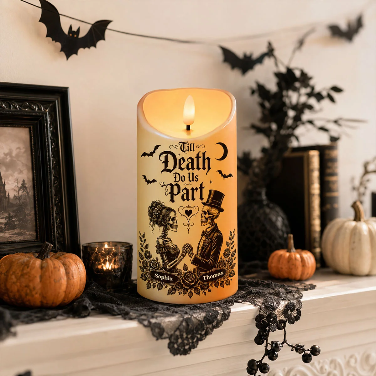 💀 Personalized Halloween Skeleton Couple LED Candle – Till Death Do Us Part, Gothic Black Decor for Couples 🖤🎃 (Copy)