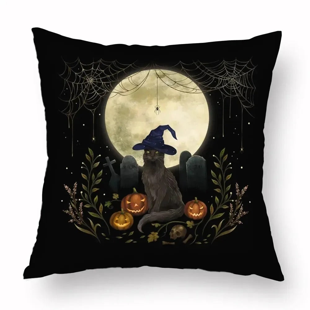 Halloween Moon & Witch Pillow Cover, Spooky Witchy Throw Pillow Case, Gothic Fall Home Decor, Decorative Cushion Cover for Sofa, Bedroom & Car