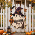 Halloween Wooden Welcome Sign, Vintage Ghost Door Hanger, Spooky Season Porch Decor, Fall Outdoor Decorations