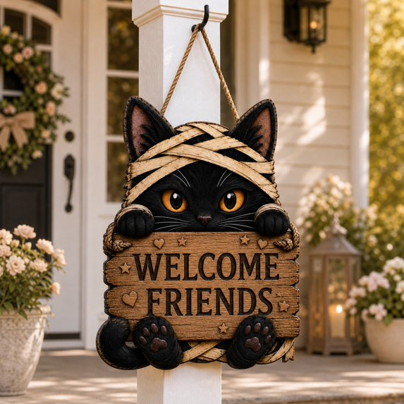 Halloween Door Decor Black Cat Wooden Front Porch Hanging Sign for Fall Entryway