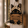 Halloween Door Decor Black Cat Wooden Front Porch Hanging Sign for Fall Entryway