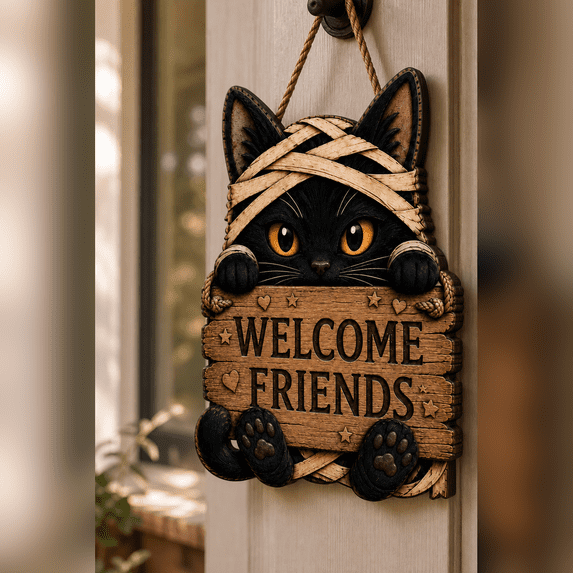 Halloween Door Decor Black Cat Wooden Front Porch Hanging Sign for Fall Entryway