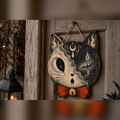 Wooden Door Sign Hanger Ghost Cat Face Wood Front Door Decor for Halloween Homes