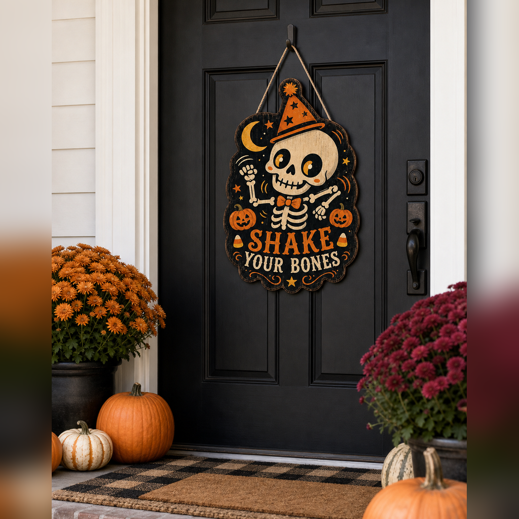 Outdoor Door Sign Dancing Skeleton Halloween Wooden Hanging Porch Decor for Front Door