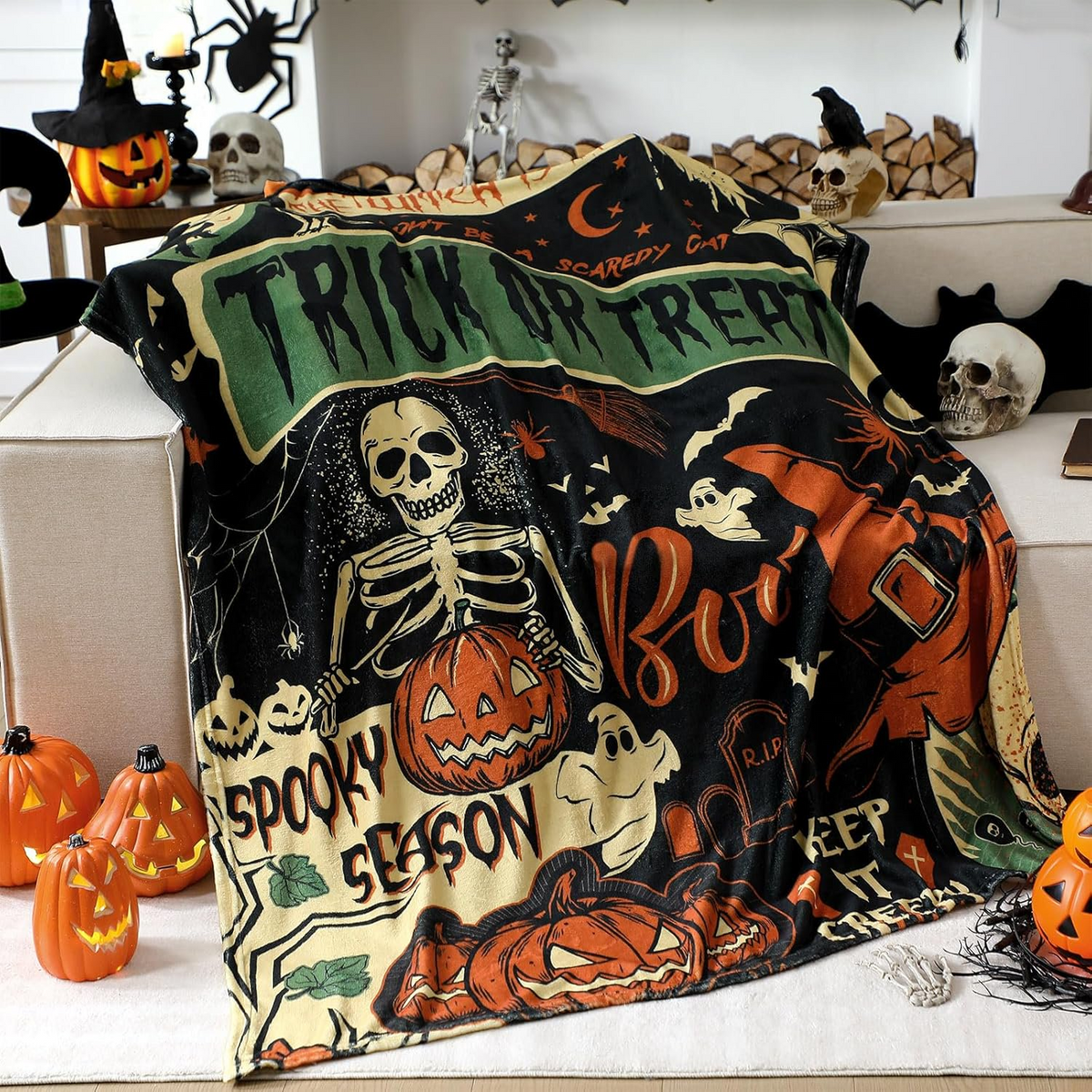 Spooky Season Halloween Skeleton and Pumpkin Throw Blanket with Trick or Treat and Boo Quote Soft for Home Decor