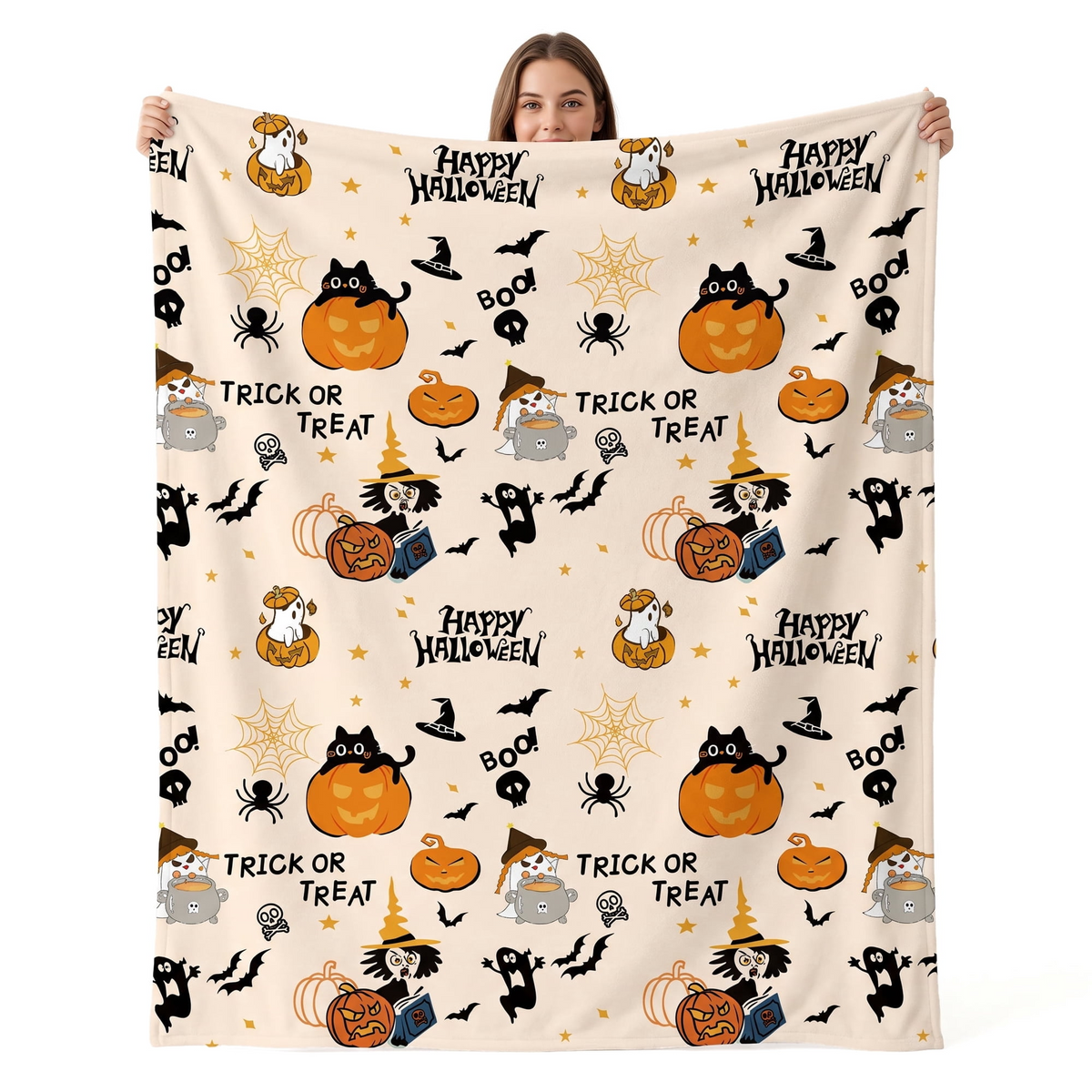 Halloween Fleece Throw Blanket for Home Decor: Witch and Pumpkin Design on Luxurious Plush Fabric, Perfect for Snuggling on Sofa, Chair or Bed
