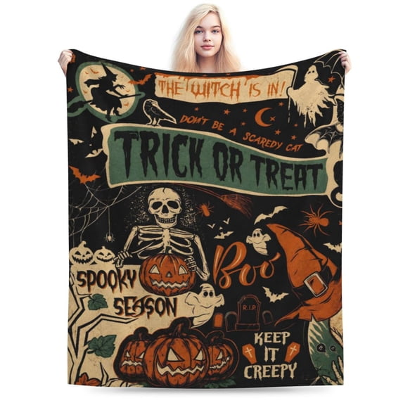 Halloween Fleece Blanket Ghost Skeleton Cozy Fuzzy Warm Blanket Vintage Scary Halloween Themed Print for Winter Couch Sofa Bed Home Decor