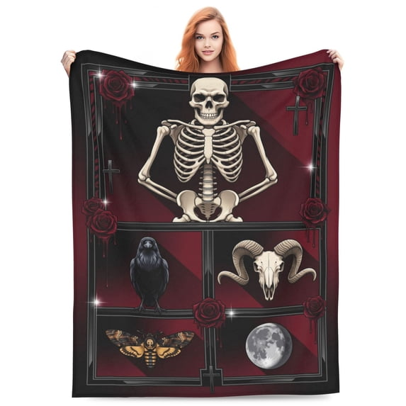 Gothic Skull Blanket, Witchy Skeleton Vintage Fleece Blanket, Soft Lightweight Cozy Blanket for Sofa, Couch, Bed, Halloween Home Decor