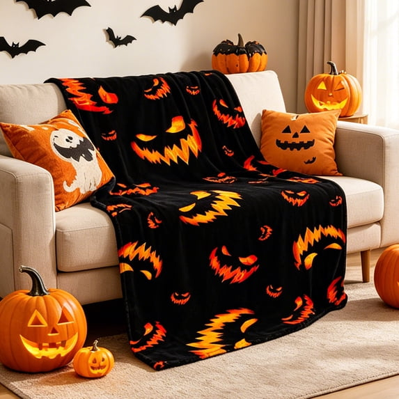 Halloween Printed Fleece Blanket Soft Throw Blanket Warm Cozy Decorative Nap Blanket All Season Flannel Blanket for Sofa Couch Bedroom Office Halloween