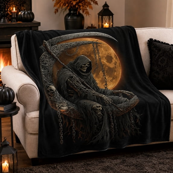 Grim Reaper Moon Gothic Halloween Fleece Blanket, Halloween Home Decor Gift