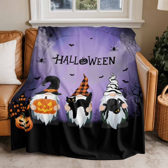 Gnomes Halloween Fleece Blankets, Purple Pumpkin Black Cat Bat Soft Fleece Blanket Decorative for Home Sofa Couch Chair Living Bedroom
