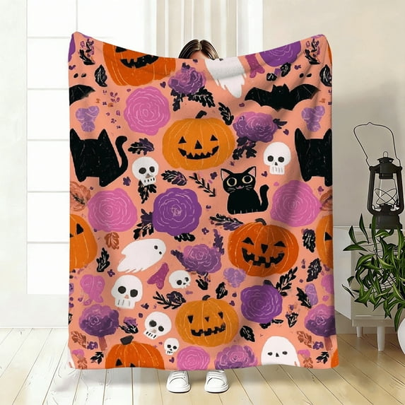Flannel Halloween Fleece Blanket - Ultra-Soft Pumpkin, Black Cat Bat Design in Orange, Black, Purple - Bed, Blanket for Halloween