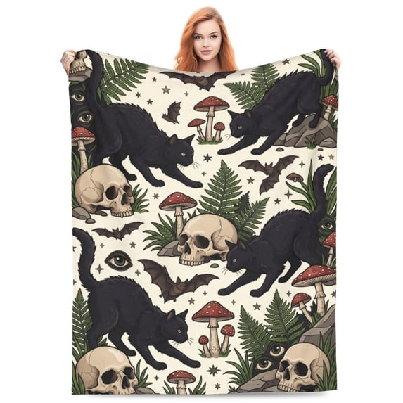 Gothic Skull Fleece Blanket, Cat Bat Mushroom Flannel Blanket, Soft Cozy Halloween Skeleton Blanket for Sofa, Couch, Bed, Dark Room Decor