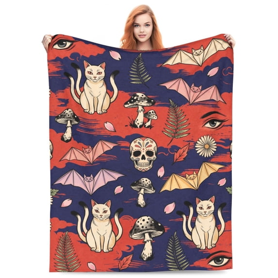 Gothic Skull Fleece Blanket, Cat Bat Mushroom Blanket, Soft Cozy Halloween Skeleton Blanket for Sofa, Couch, Bed, Dark Room Decor