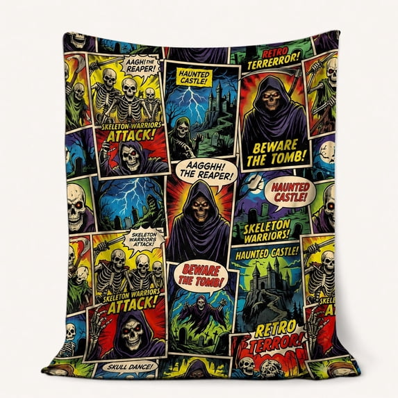 Retro Horror Comic Fleece Blanket, Skeleton Grim Reaper Haunted, Halloween Gothic Sofa Bed