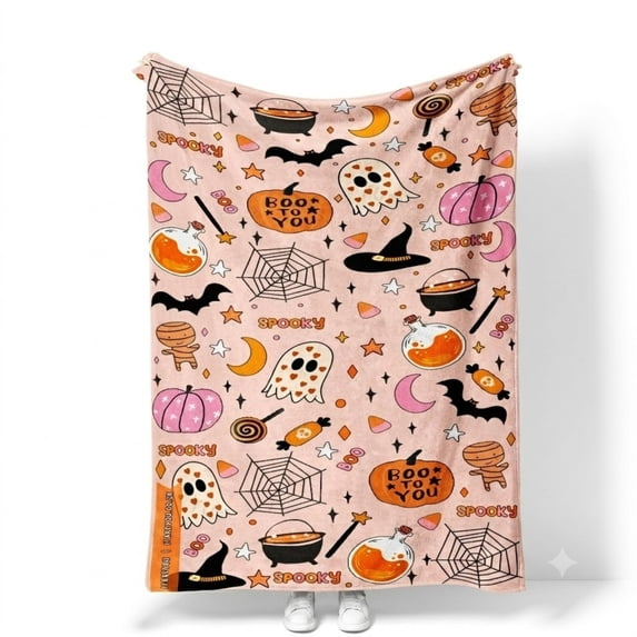 Halloween Pumpkin Ghost Bat Print Fleece Blanket, Halloween Decor Blanket for Sofa Couch Bed