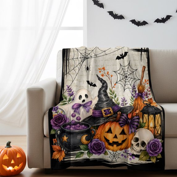 Fleece Blanket for Couch Sofa Bed,Halloween Ghost Pumpkin Witch Hat Soft Cozy Warm Fuzzy Blanket