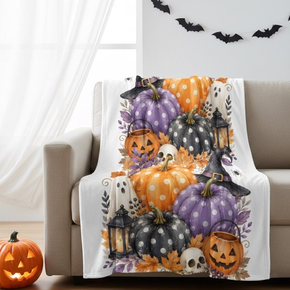 Fleece Blanket for Couch Sofa Bed,Halloween Pumpkin Ghost Skull Soft Cozy Warm Fuzzy Blanket