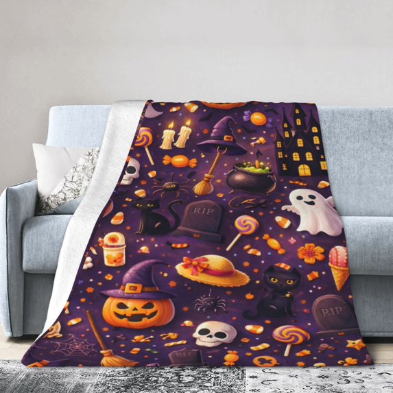 Halloween Blanket Gift Fleece Blanket Spooky Pumpkin Ghost Witch Pattern Blanket Home Decor Gift for Kids Family Halloween Party Decor