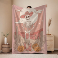Western Cowboy Skeleton Pumpkin Halloween Print Fleece Blanket for Sofa, Bed and Living Room Decor