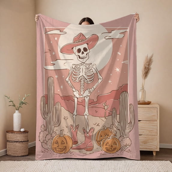 Western Cowboy Skeleton Pumpkin Halloween Print Fleece Blanket for Sofa, Bed and Living Room Decor