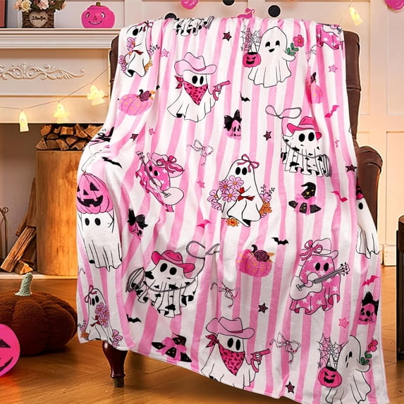 Pink and White Striped Cowboy Ghost Halloween Fleece Blanket, Soft Plush Fleece, with Guitars and Pumpkins, for Home Decor