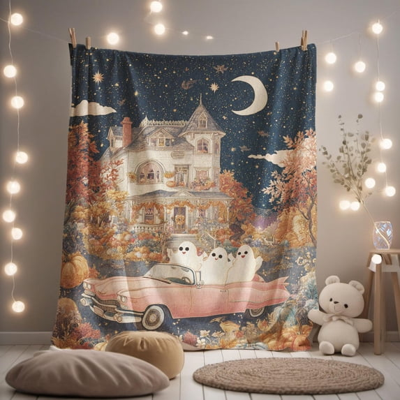 Pink Car Ghost and Haunted House Halloween Fleece Blanket,  for Sofa, Bed and Living Room Decor