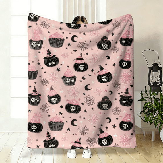 Pink Halloween Fleece Blanket, Witch Hat Bats Pumpkins Design, Soft Warm Bedspread for Sofa Bed Office Camping, Festive Home Decor Holiday Gift