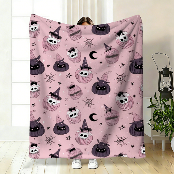 Fleece Halloween Blanket, Pink Black Witch Hat Bats Pumpkins, Cozy All-Season for Couch Bed Camping, Perfect Spooky Gift for Women