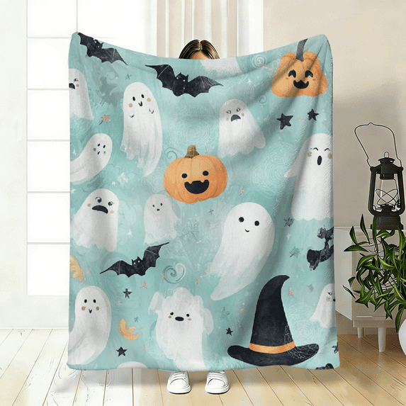Halloween Fleece Blanket, Blue Black Orange Ghosts Bats, Soft Warm  for Couch Bed, Contemporary Machine Washable Decor