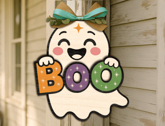 Cute Ghost Boo Smile Halloween Door Sign