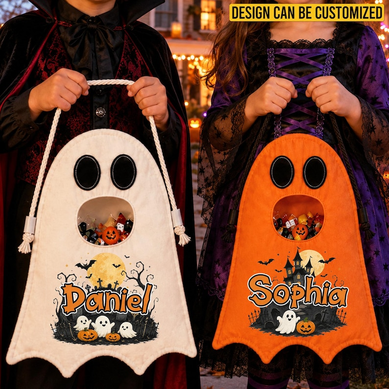 Personalized Ghost Trick or Treat Bag, Custom Name Halloween Candy Bag, Kids Ghost Tote, Halloween Gift for Toddler