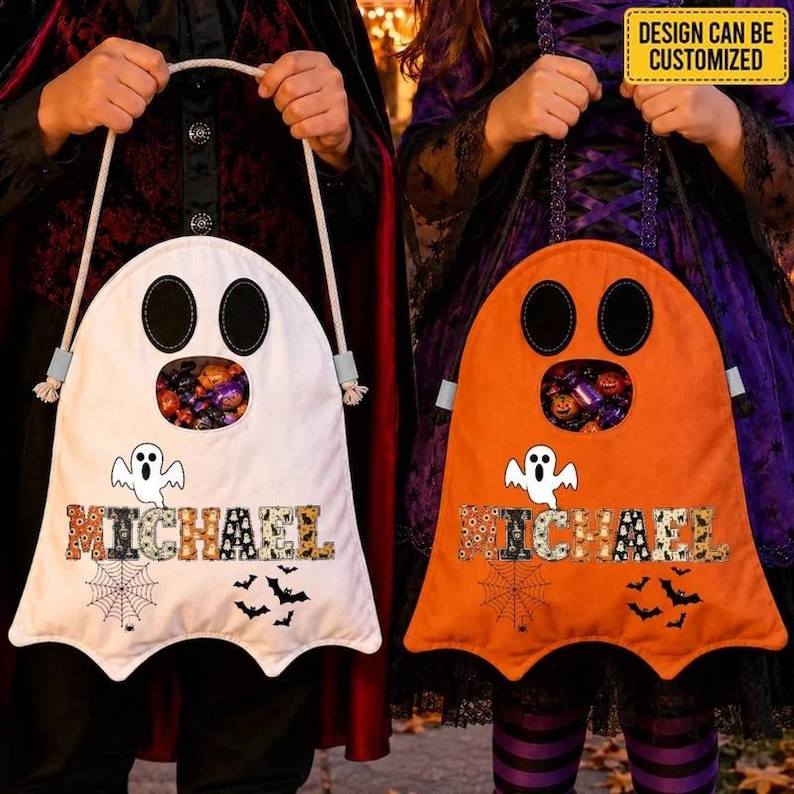 Personalized Ghost Trick or Treat Bag, Custom Name Halloween Candy Bag, Kids Ghost Tote, Halloween Gift for Toddler