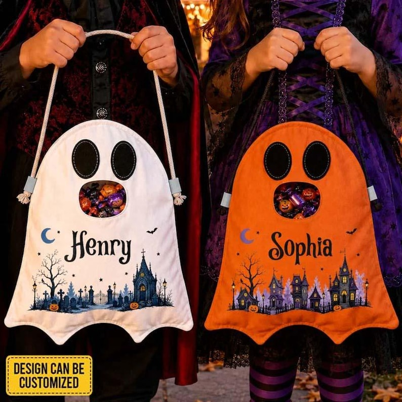 Personalized Ghost Trick or Treat Bag, Custom Name Halloween Candy Bag, Kids Ghost Tote, Halloween Gift for Toddler
