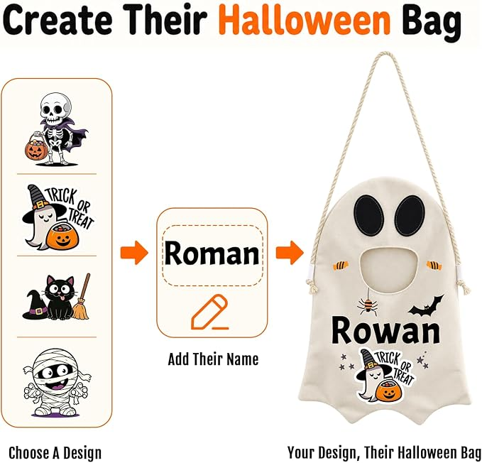 Personalized Ghost Trick or Treat Bag, Custom Name Halloween Candy Bag, Kids Ghost Tote, Halloween Gift for Toddler (Copy)