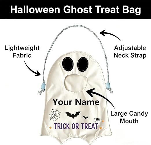 Personalized Ghost Trick or Treat Bag, Custom Name Halloween Candy Bag, Kids Ghost Tote, Halloween Gift for Toddler (Copy)