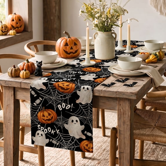 Boo Ghost Pumpkins Spider Halloween Table Runner, Seasonal Fall Kitchen Dining Table Decoration for Home Party Decor