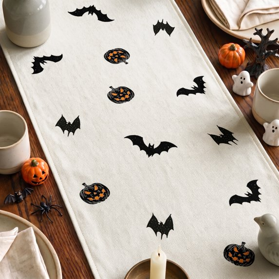 Black Halloween Table Runner with Castle Tree and Witch Pattern, Kitchen Dining Table Decoration for Home Party Decor