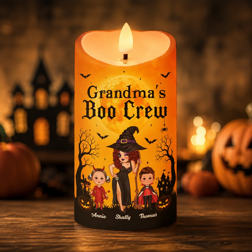 🧙‍♀️ Grandma's Boo Crew Personalized LED Candle – Pretty Witch & Kids Halloween Decor, Custom Grandma Gift 🎃👻